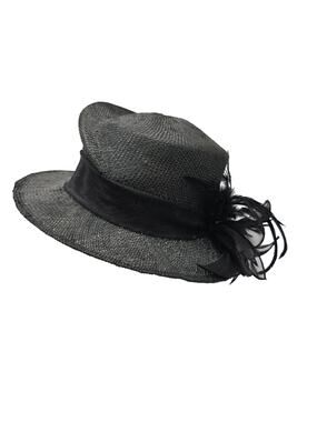 VTG Toucan Collection Sisal Wide Brim Derby Church Hat Elegant Black w/Feathers